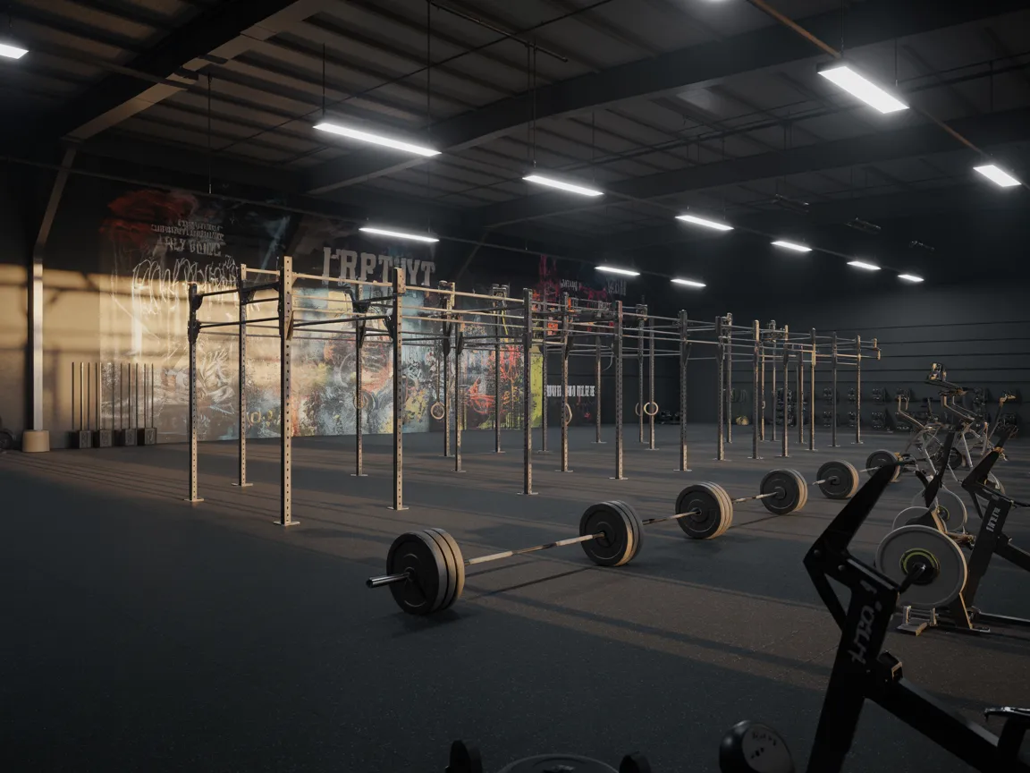 Summit Fitness gym interior with barbells and pull-up rigs
